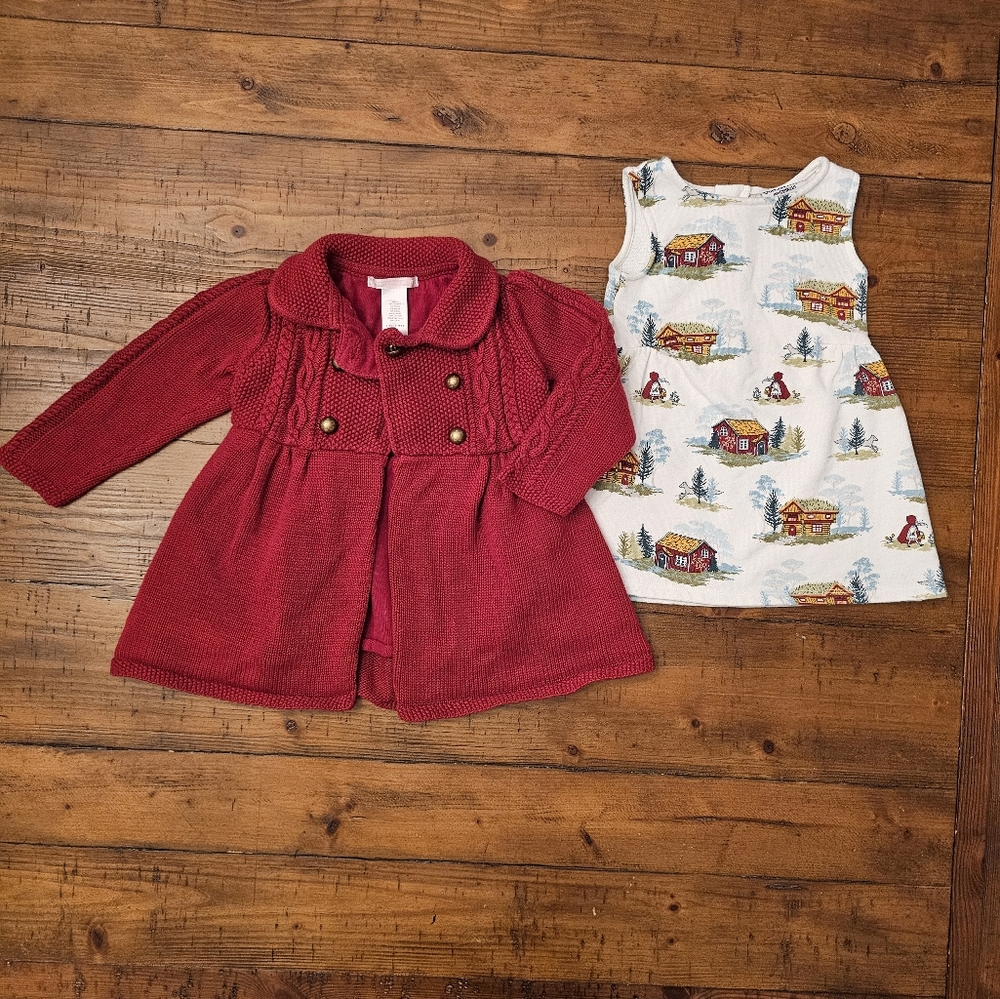 Girls Oshkosh winter dress with Janie and Jack red cable knit coat bundle